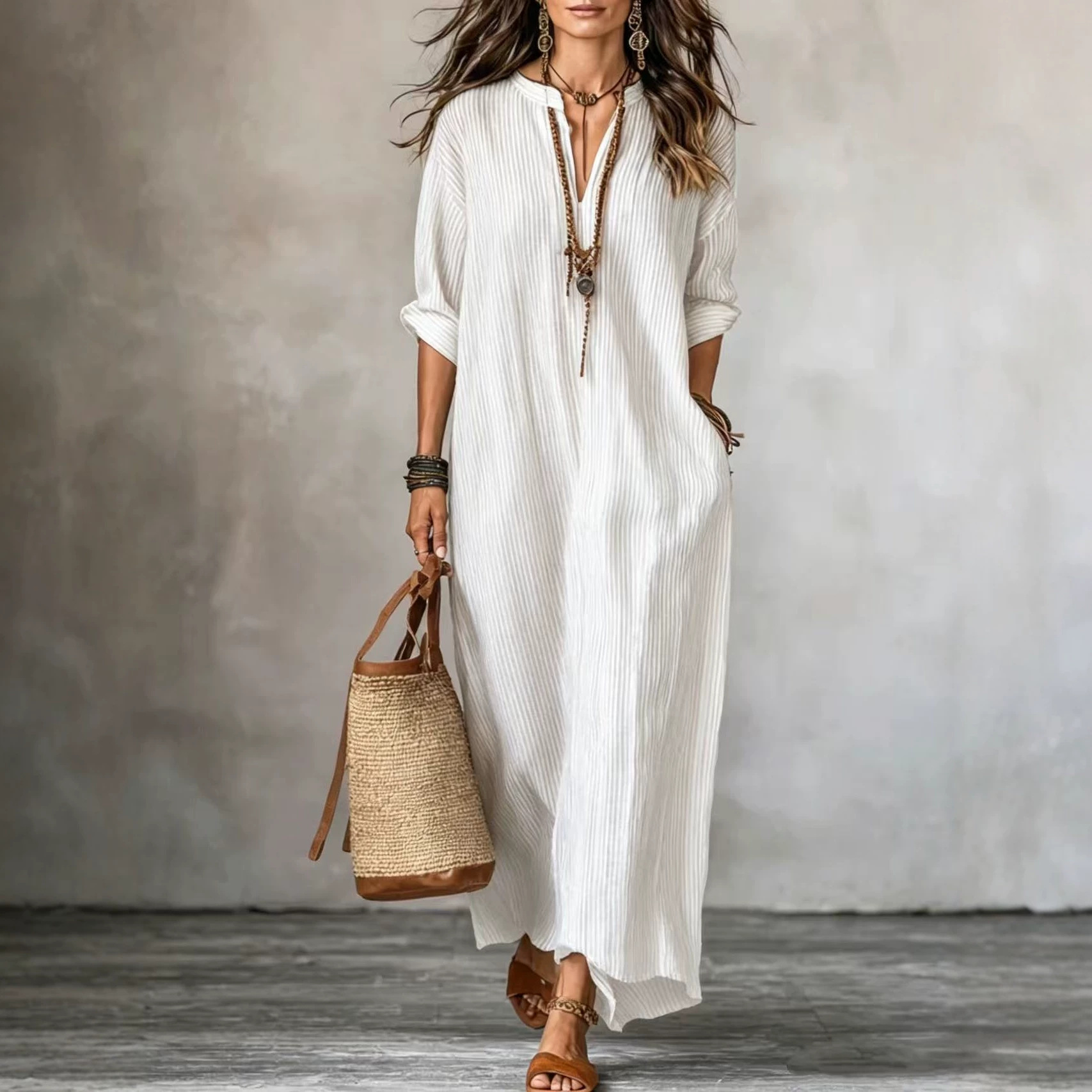 Women's V-Neck Striped Long Dress Loose Casual Summer Vacation