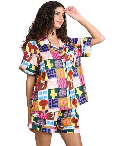 Women's Cuban Collar Zebra Floral Print Short Sleeve Shirt Set