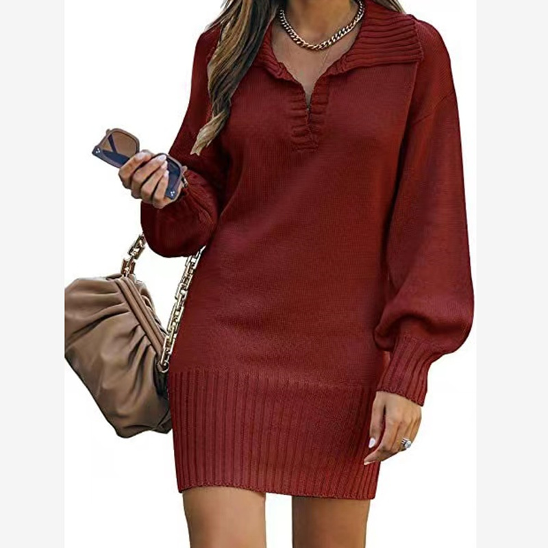 Women's Midi Sweater Dress with Collar and Lantern Sleeves
