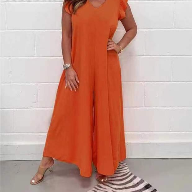 Women's Tie-Waist Ruffle Wide-Leg Jumpsuit Solid Casual