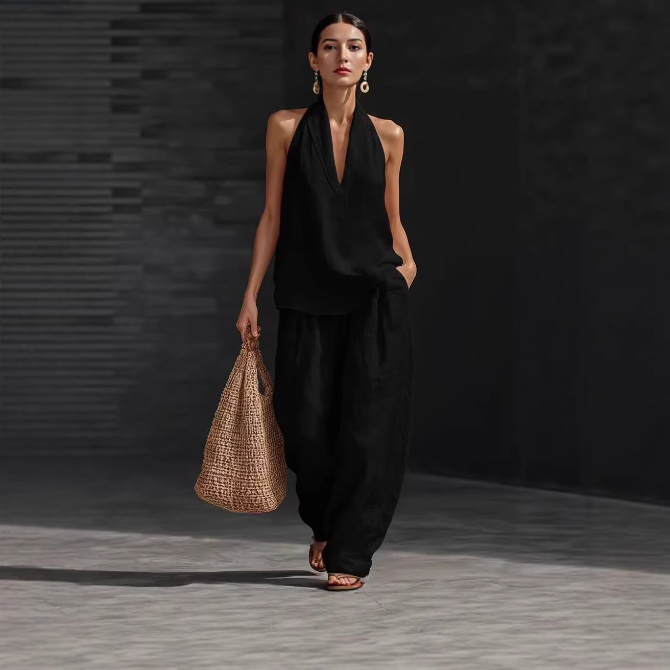 Women's Sleeveless Loose Cold-Shoulder Top & Wide-Leg Pants Two-Piece Set