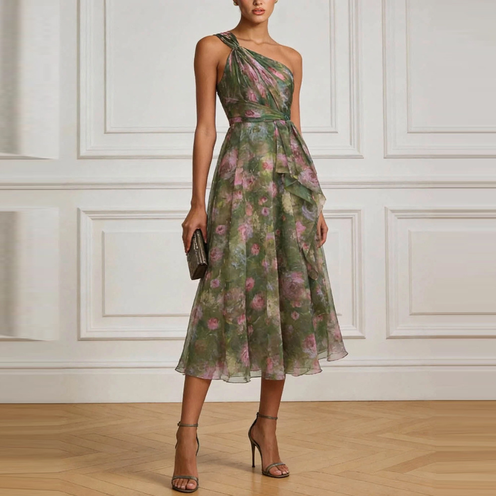 Irregular Floral Print Ruched Waist Sleeveless Dress