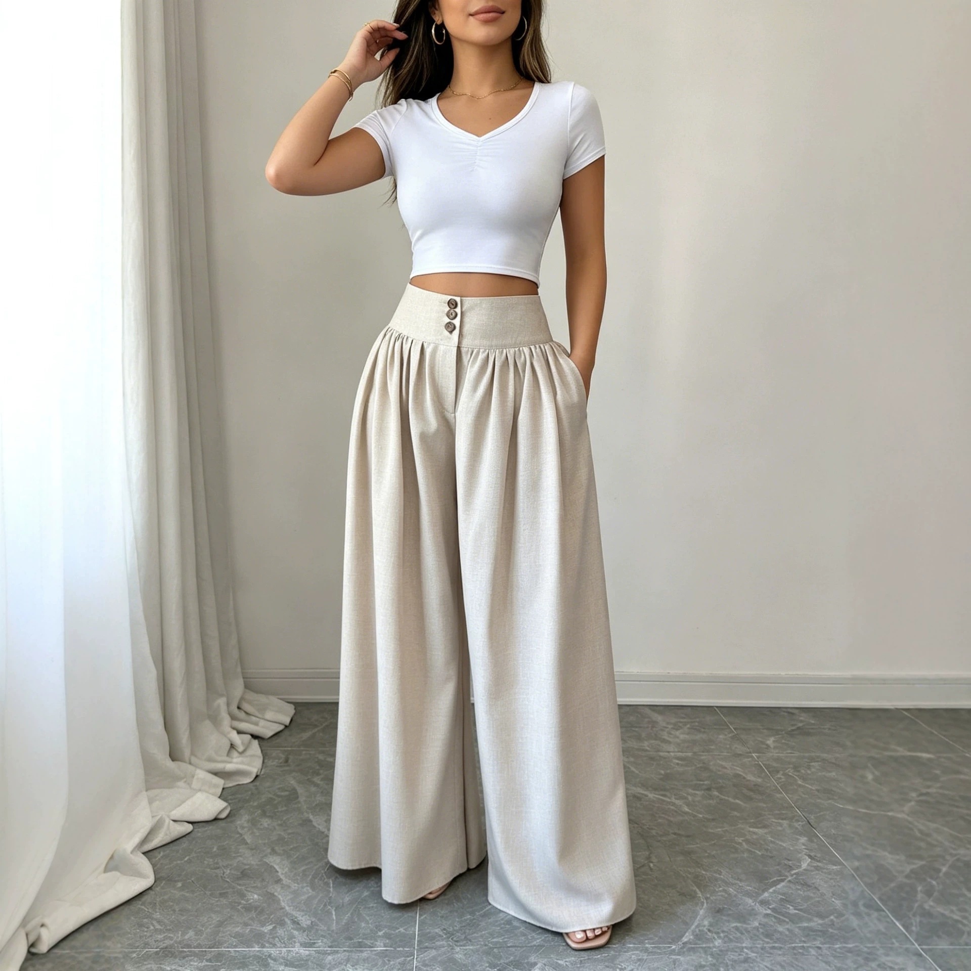 High-Waist Three-Button Wide-Leg Drapey Pants