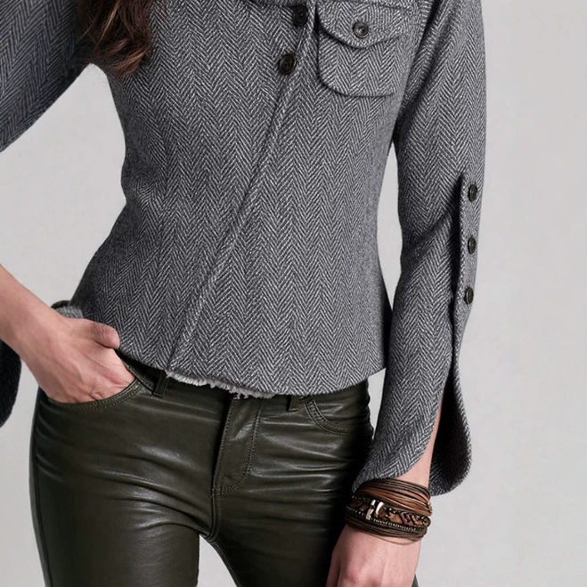 Retro Funnel Neck Herringbone Jacket