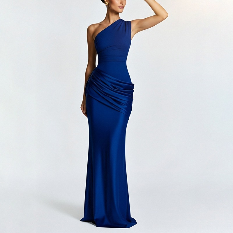 Women's One-Shoulder Bodycon Midi Dress Ruched Elegant Party Dress