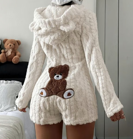 Women's Casual Solid Hooded Long Sleeve Fleece Jumpsuit