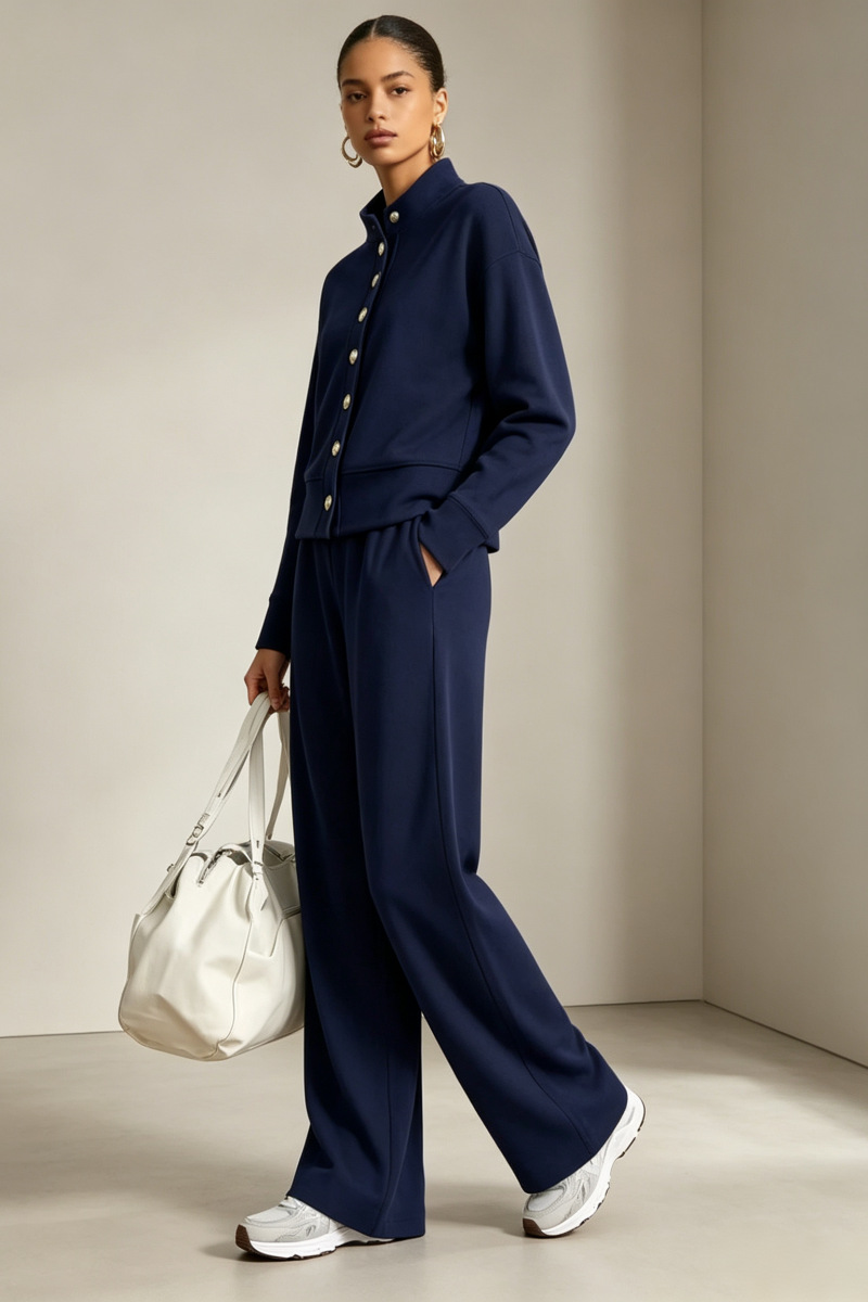 Women's Solid Stand-Collar Cardigan Hoodie & Wide-Leg Pants Set