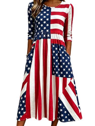 Women's Star Print Pleated Midi Dress Short Sleeve Crew Neck Slim Fit