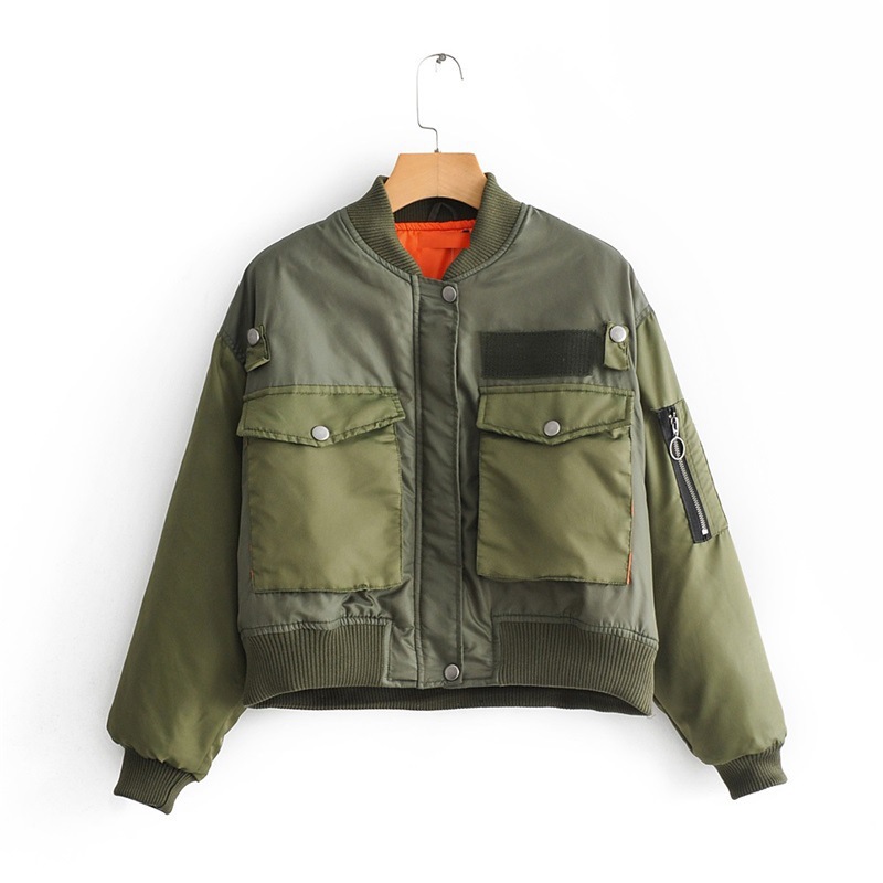 Army Green Cropped Bomber Jacket Padded Cotton Coat Long Sleeve