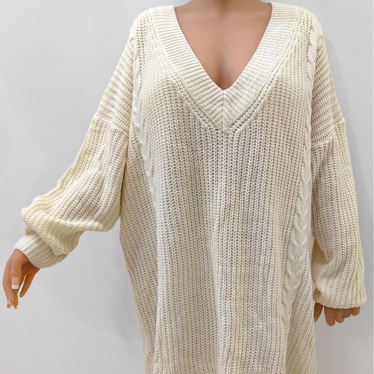 Plus Size Deep V-Neck Knit Sweater Dress Solid Loose Long Sleeve