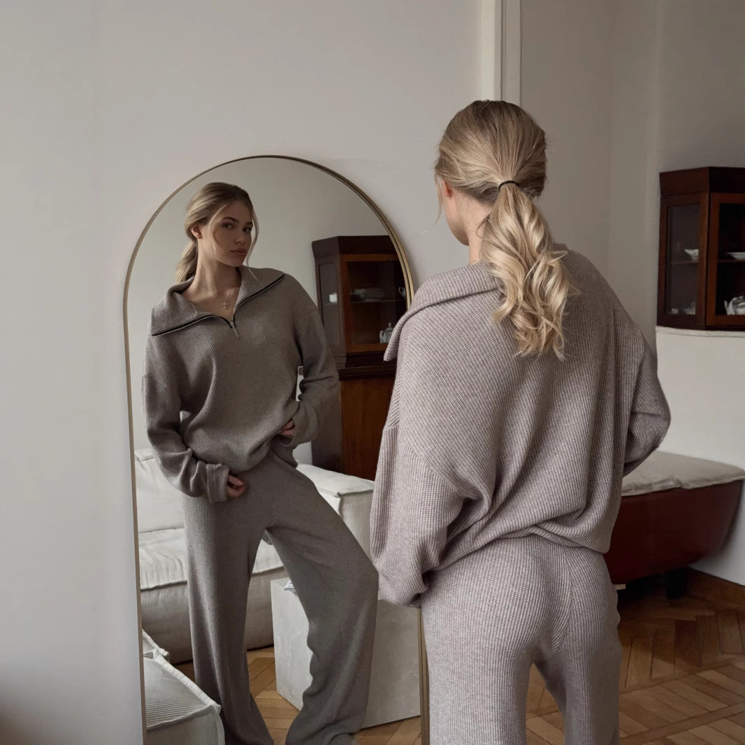 Women's Solid Turtleneck Zip Knit Sweater and Pants Set
