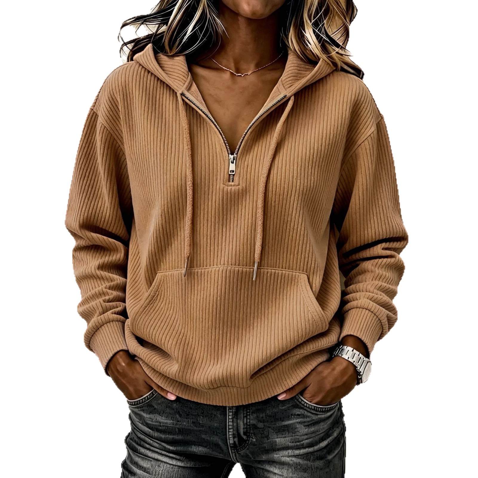 Corduroy Striped Drawstring Hoodie Loose Fit Women's