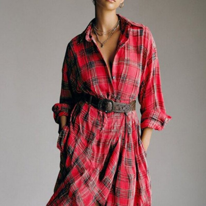 Retro Plaid Long Sleeve Shirt Dress Loose Casual
