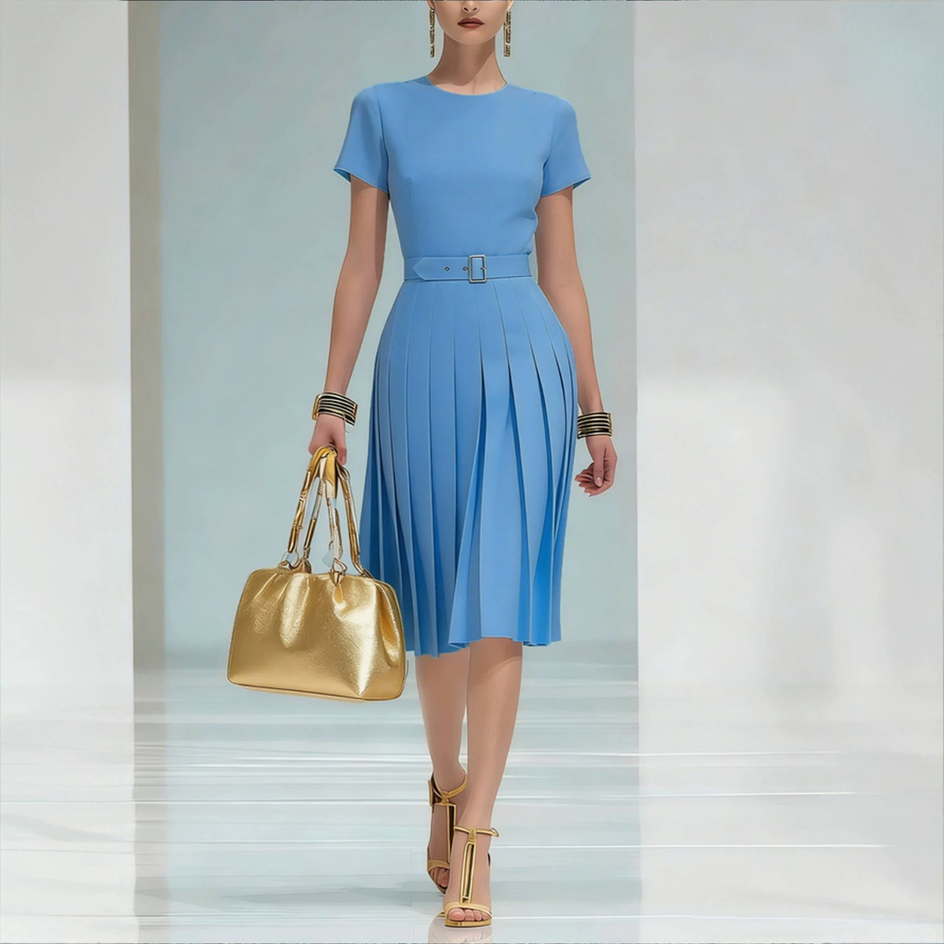 Women's Pleated Round Neck Midi Dress with Belt Solid Color