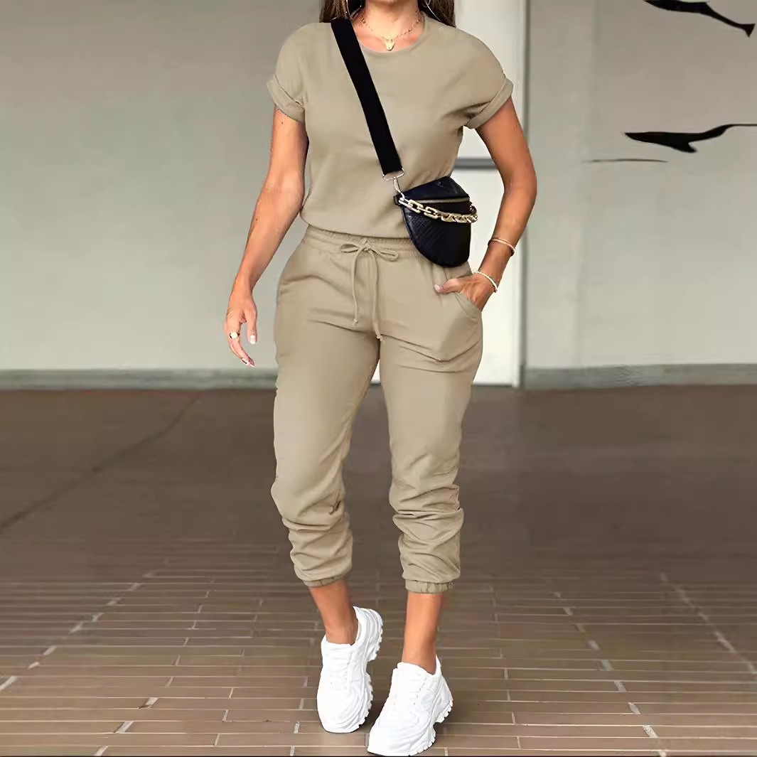 Women's Solid Color Crewneck Top and Multi-Pocket Pants Set Casual Two-Piece Outfit