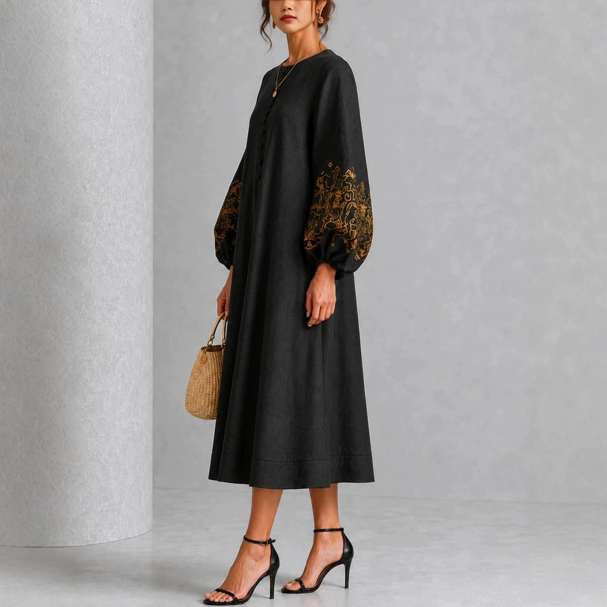 Black Gold Embroidered Lantern Sleeve A-Line Midi Dress