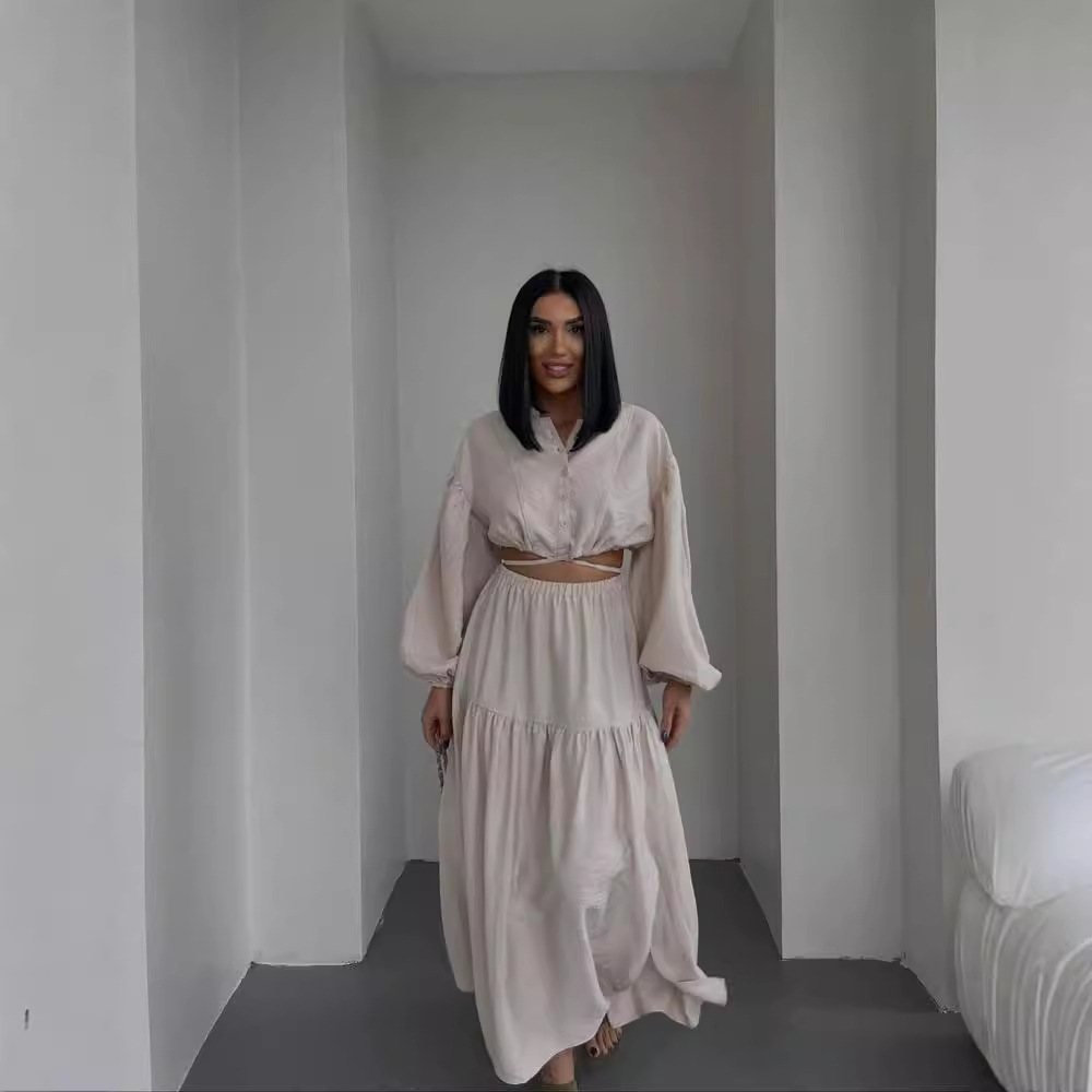 Tie-Front Long-Sleeve Top and Pleated Slit Midi Skirt Set