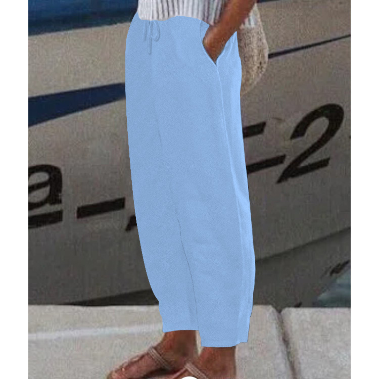 Women's Solid Color Casual Cotton Linen Pants with Elastic Waist