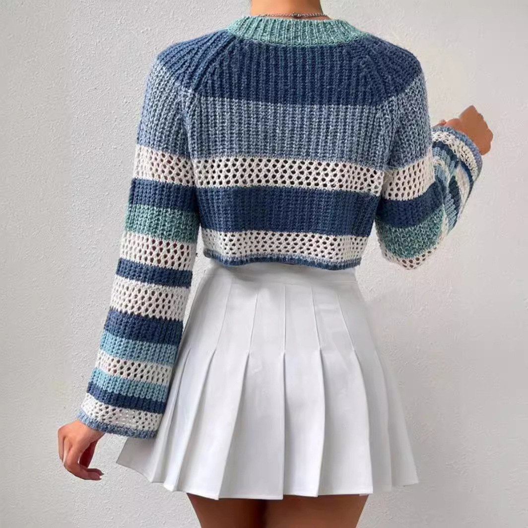 Women's Open-Knit Striped Crewneck Pullover Top