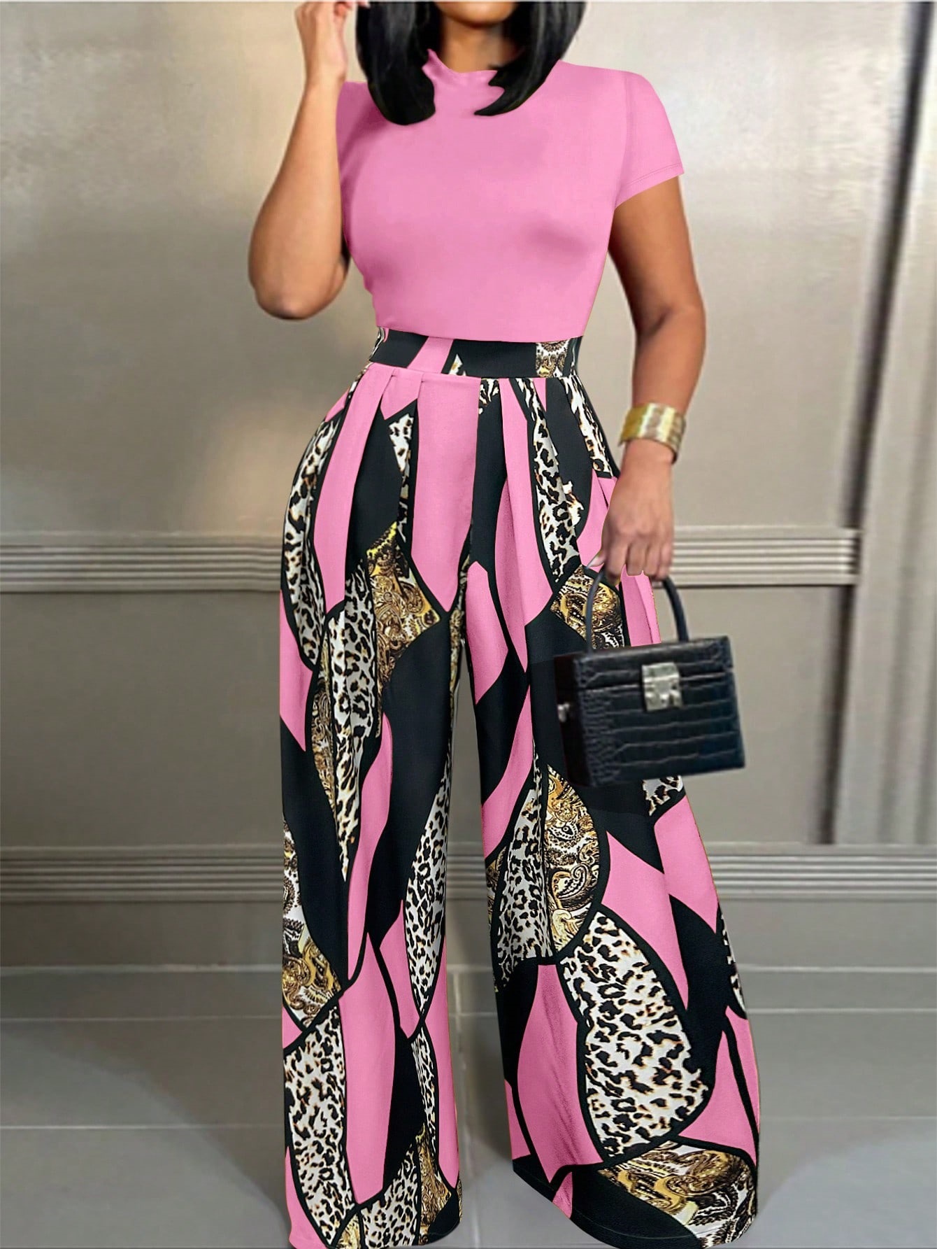 Women's Sleeveless Printed Wide-Leg Pants Set Commuter Two-Piece Outfit