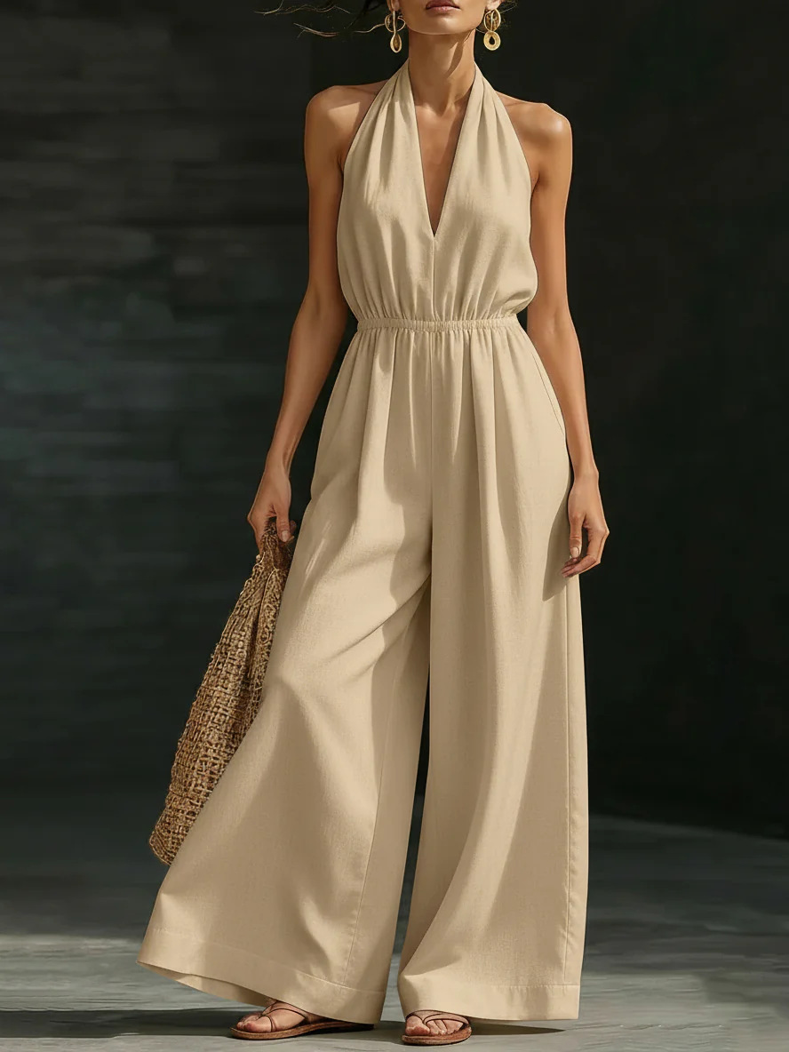 Women's V-Neck Halter Wide-Leg Jumpsuit Solid Color Sleeveless
