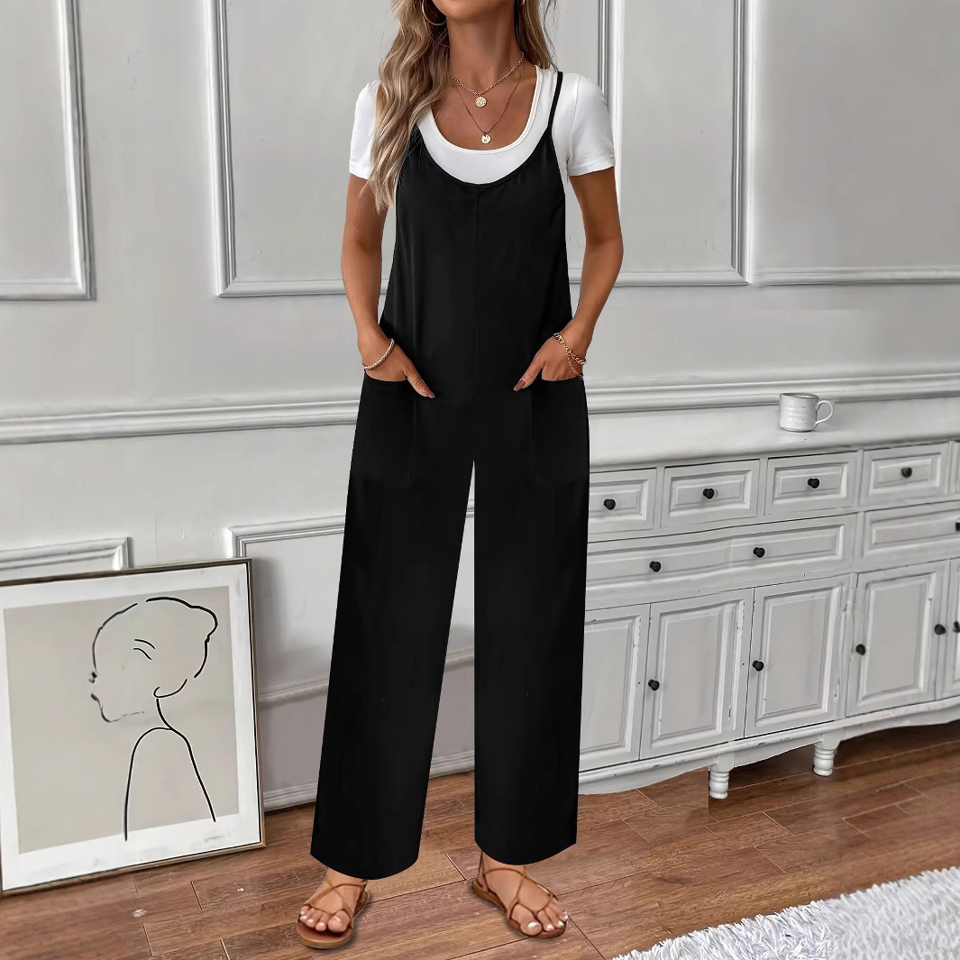 Women's Solid Sleeveless Wide-Leg Jumpsuit with Pockets Casual Commuter