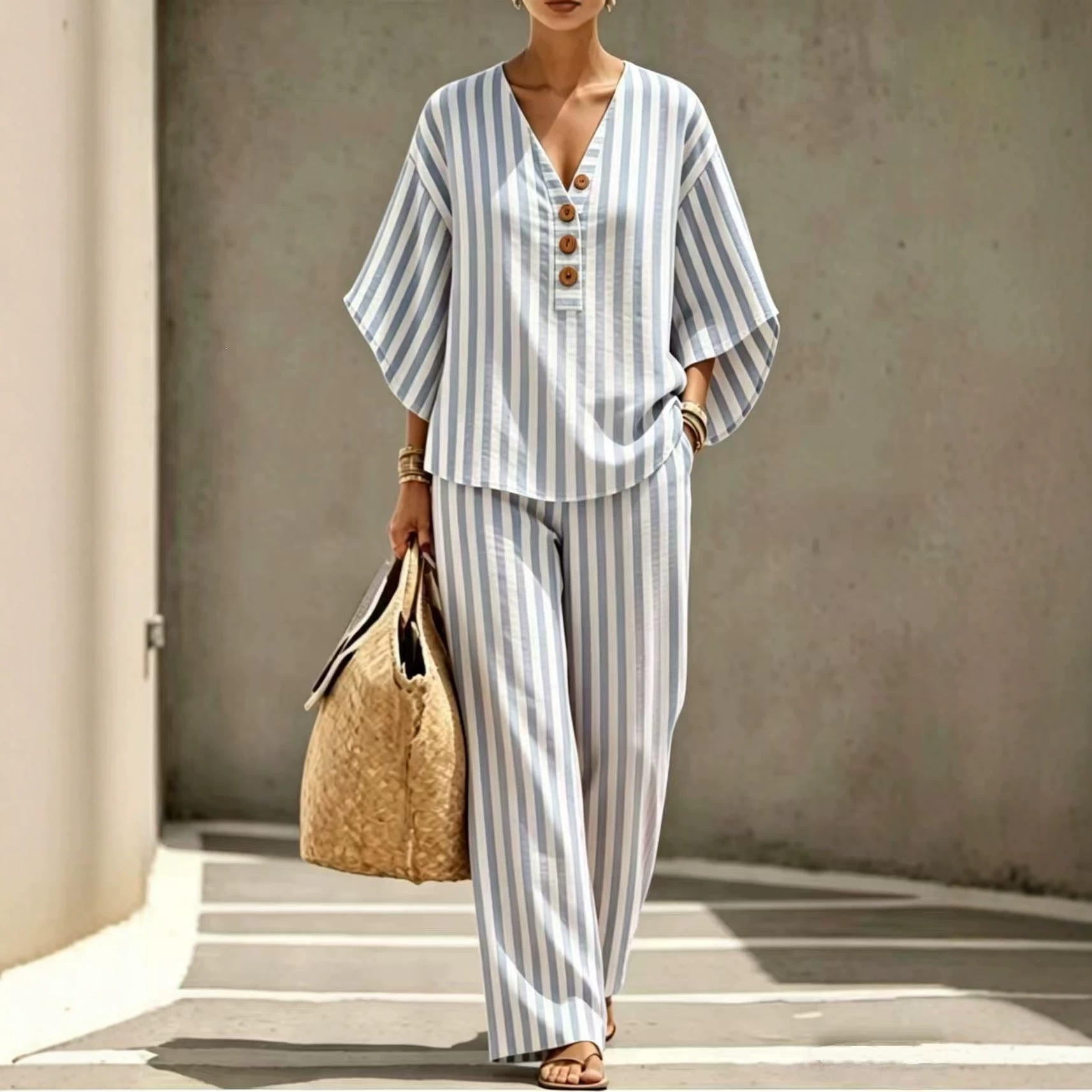 Women's Striped Linen Shirt Set Loose Casual Short Sleeve