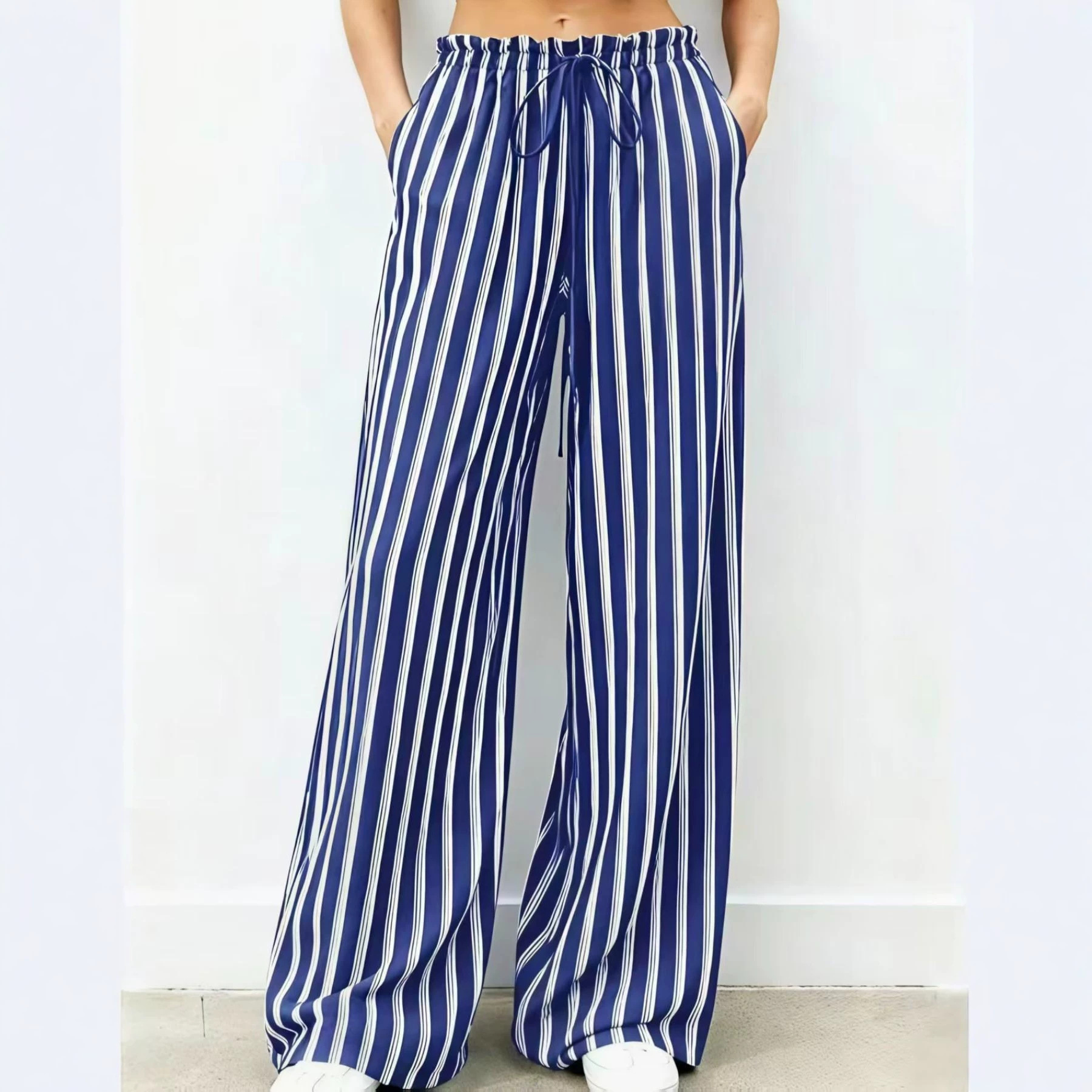 Striped Wide-Leg Pants with Elastic Waist