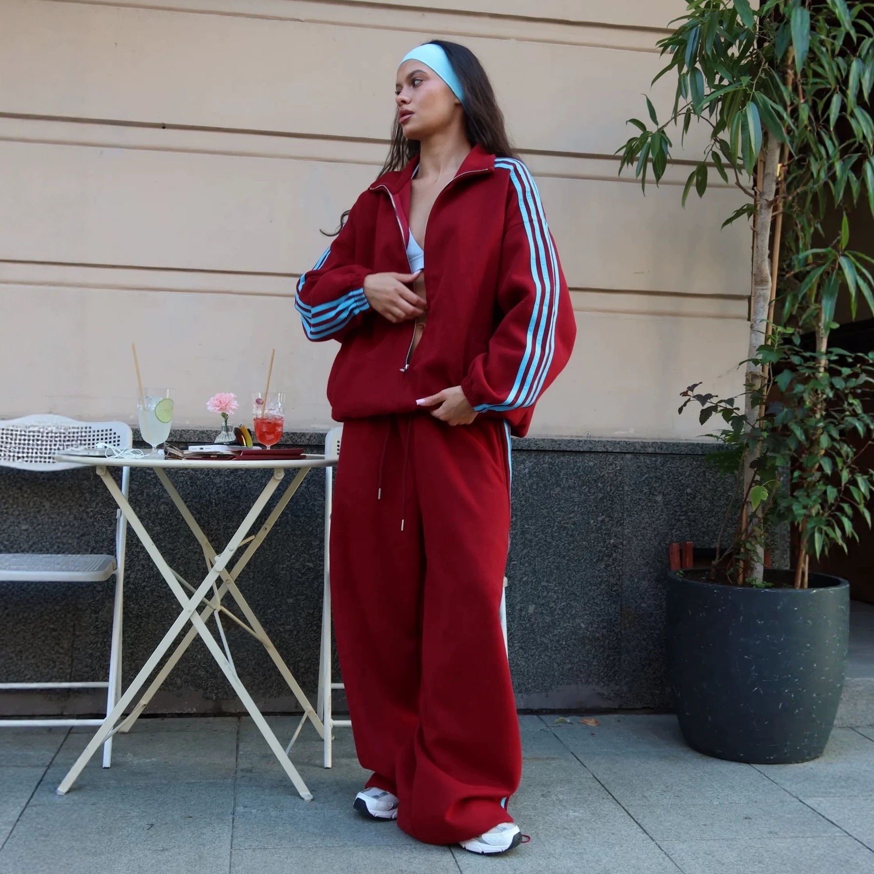 Women's Color-Block Three-Stripe Zip-Up Stand Collar Jacket and Wide-Leg Pants Cotton-Blend Two-Piece Set