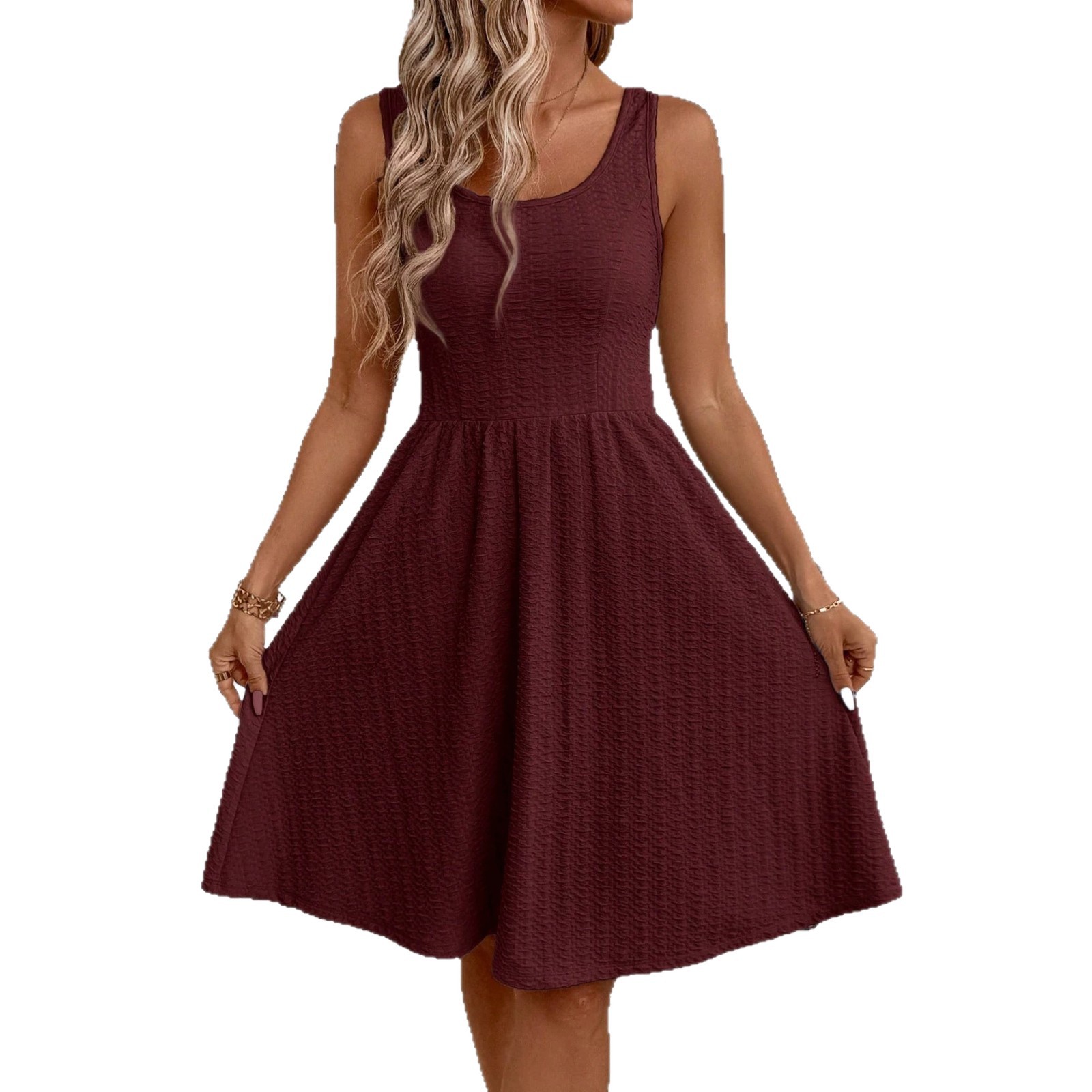 Women's Sleeveless A-Line Midi Dress with Cinched Waist