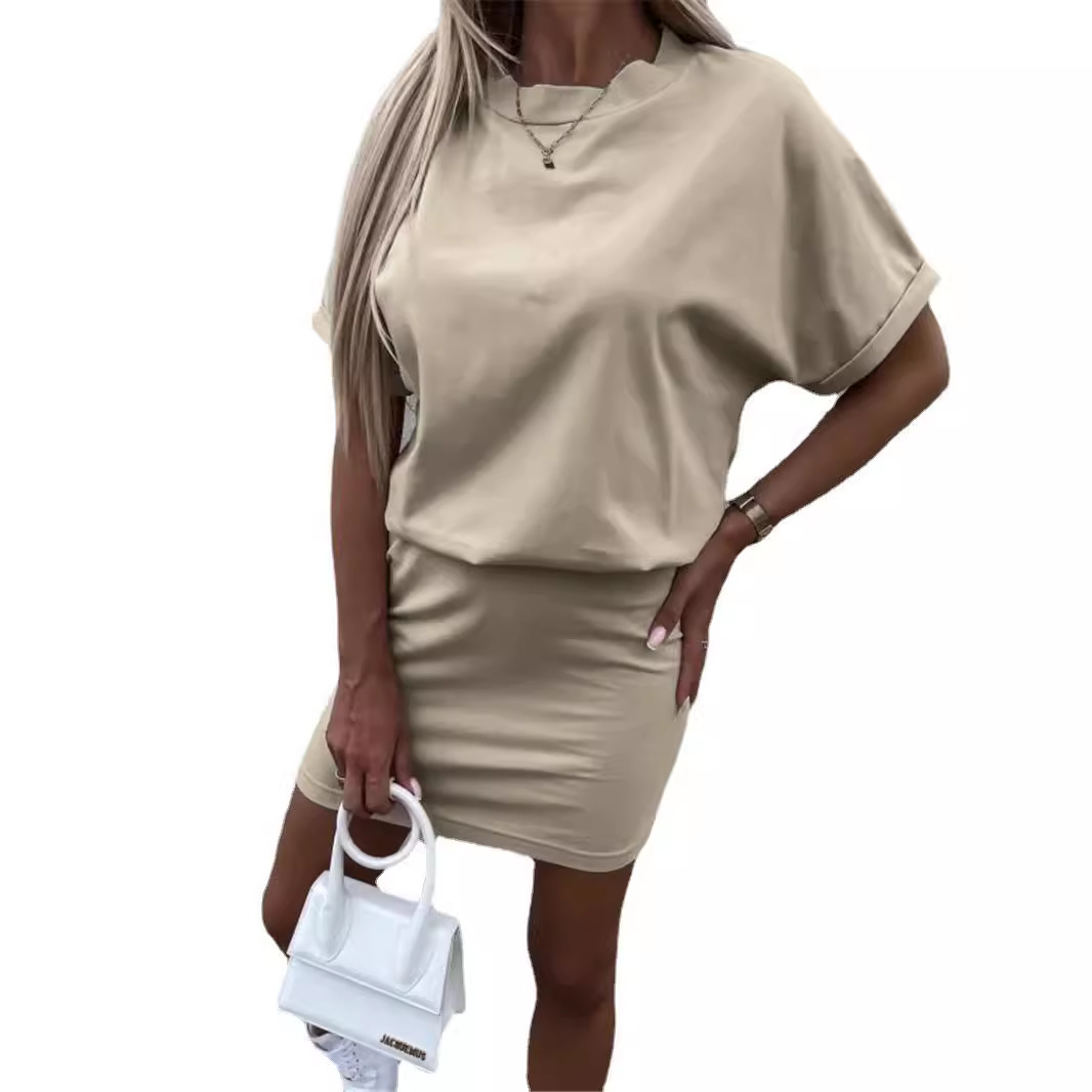 Women's Solid Color Casual Athletic Dress Short Sleeve Round Neck Elastic Waist