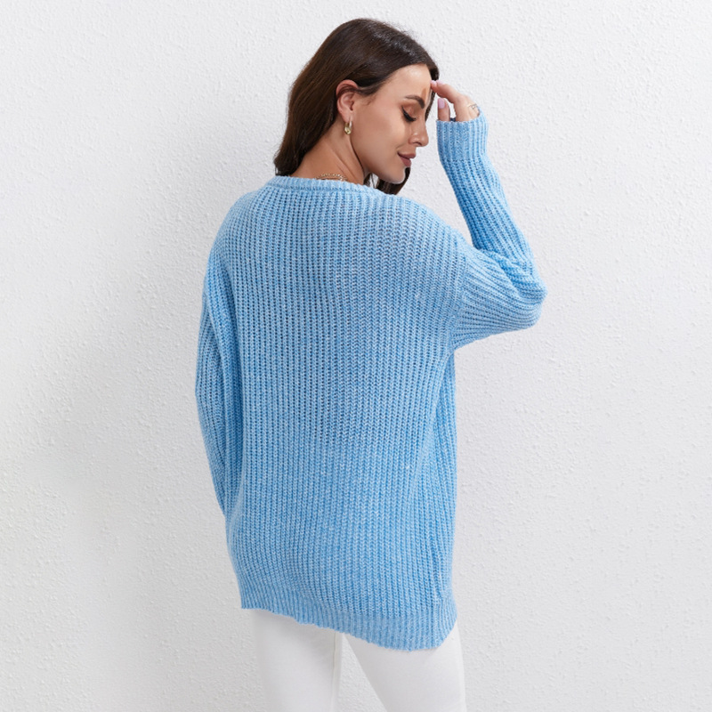 Women's Solid Crewneck Pullover Sweater Loose Long Sleeve Knit Top