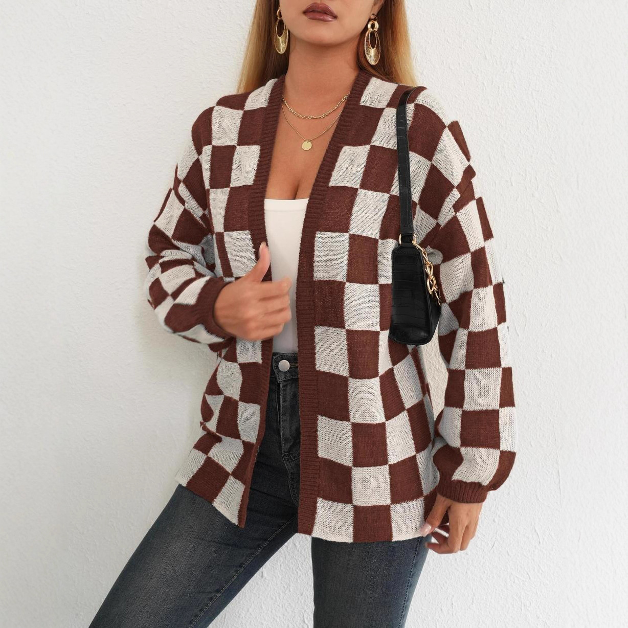 Checkered Open-Front Cardigan Sweater Coat