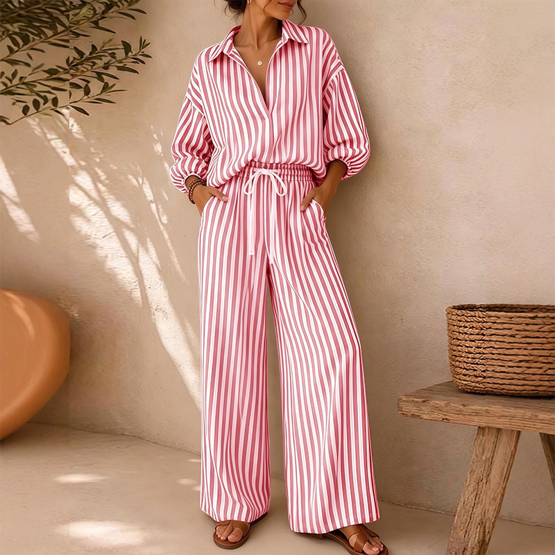 Striped Top & Solid Wide-Leg Pants Two-Piece Set