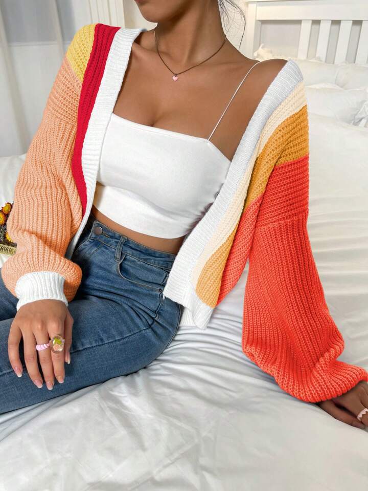 Colorblock Knit Cardigan Women's Long Sleeve Sweater