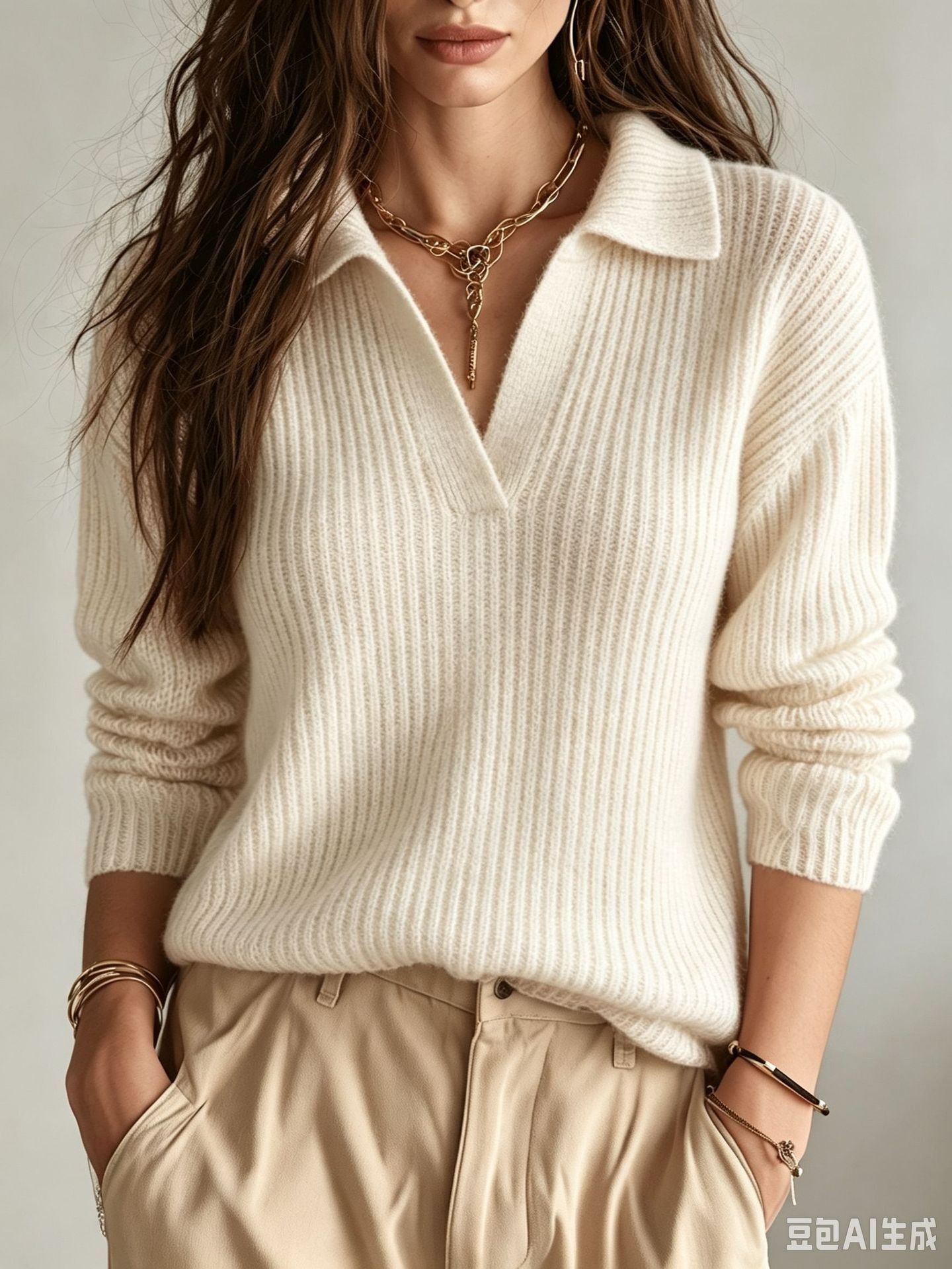 Women's Ribbed Knit Polo Sweater V-Neck Long Sleeve Relaxed Fit