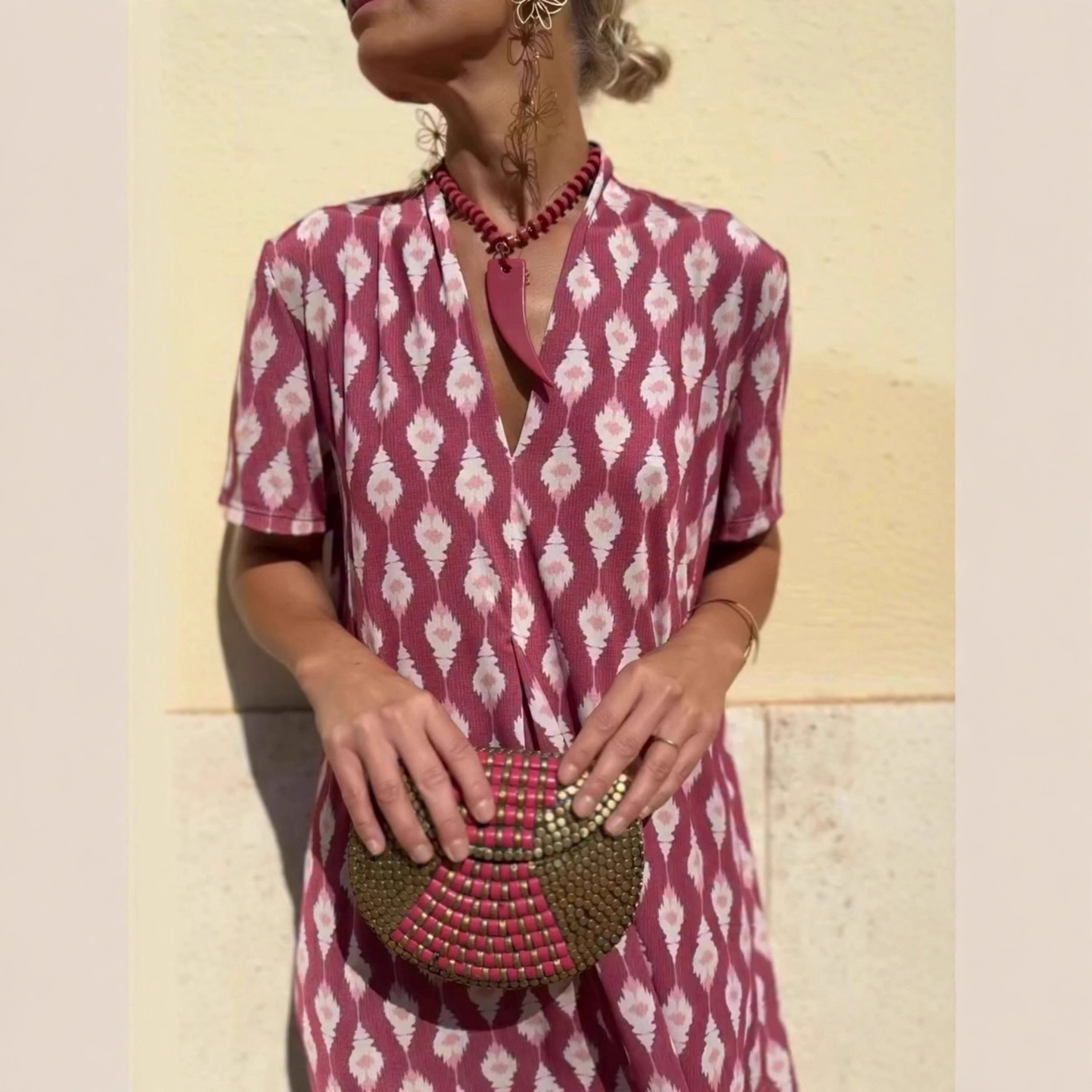 Women's Summer Floral V-Neck Midi Dress Short Sleeve Loose Waist