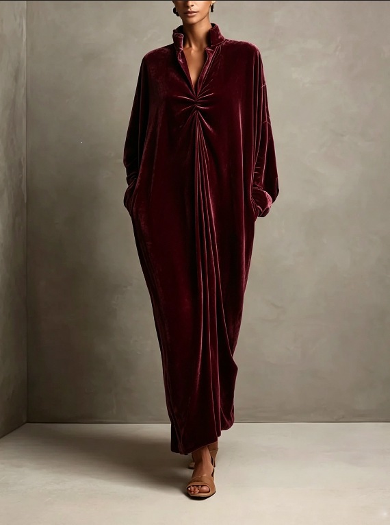 Stand Collar Velvet Long Dress with Twist Knot Detail