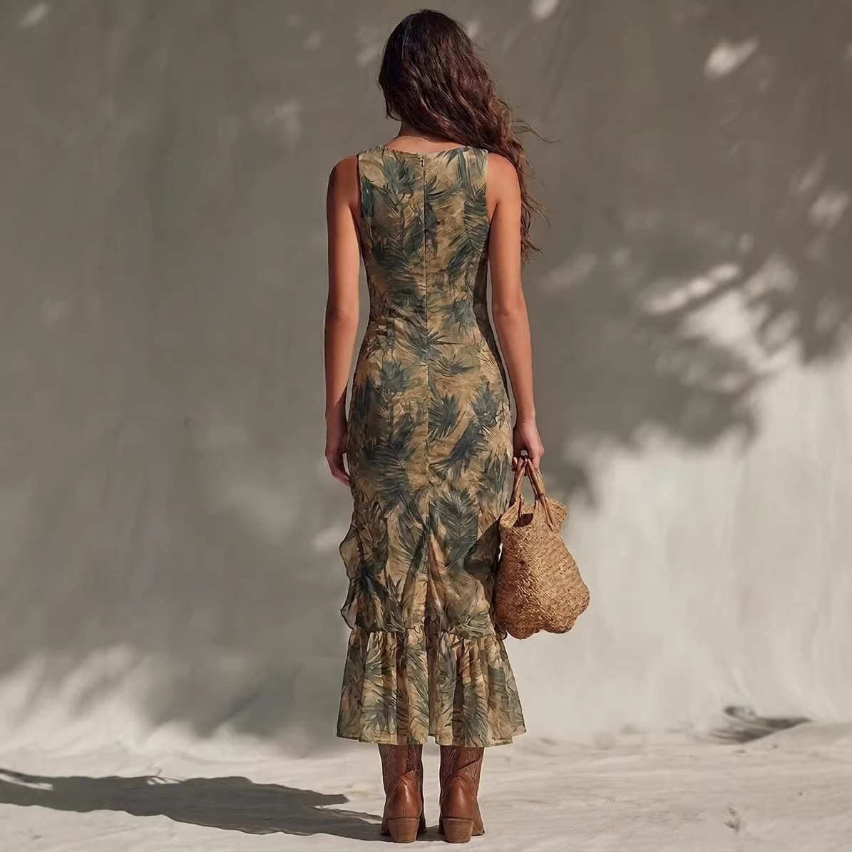 Tropical Print V-Neck Slit Sleeveless Bodycon Maxi Dress