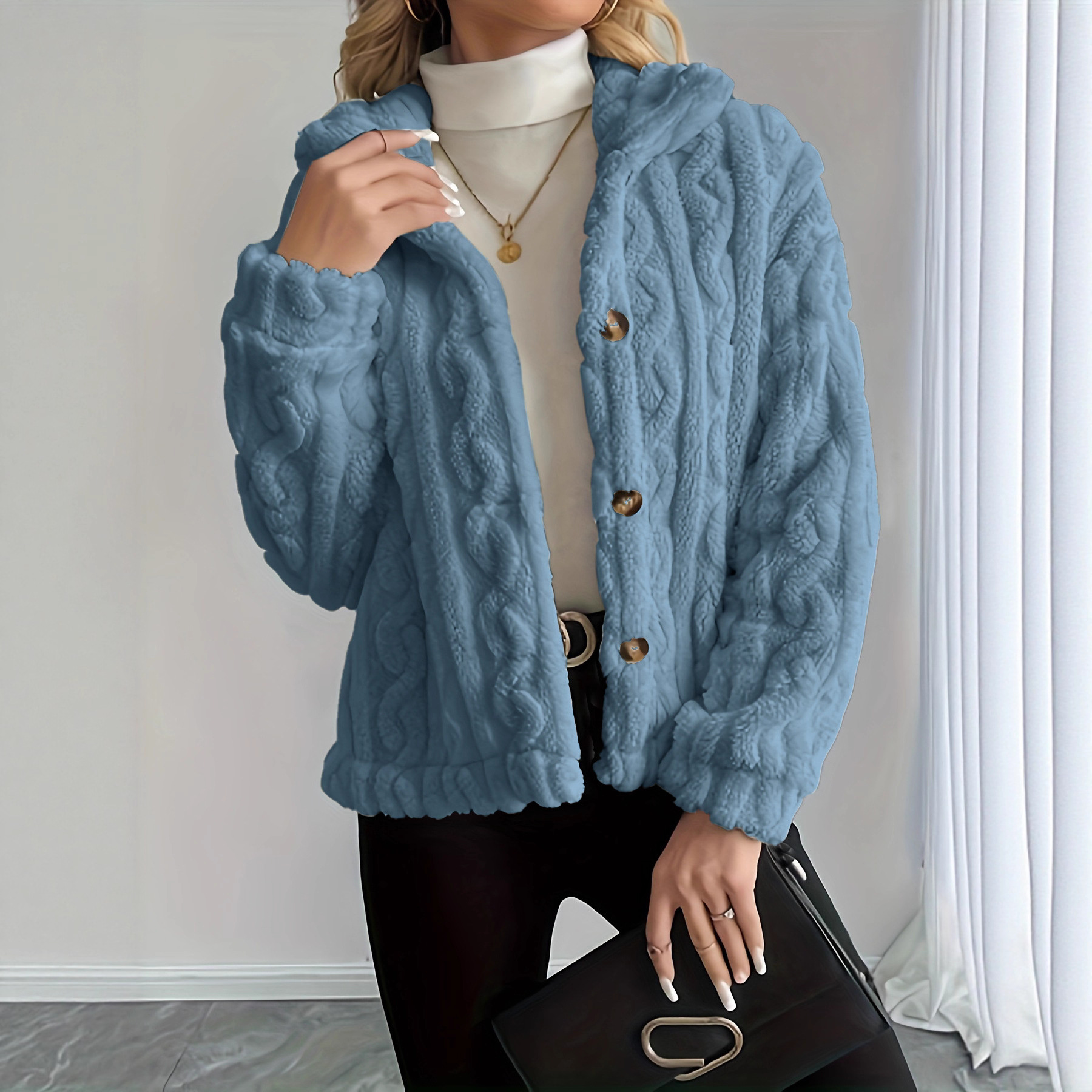 Double-Sided Fleece Cable-Knit Women's Jacket Cozy Warm Button-Up Coat