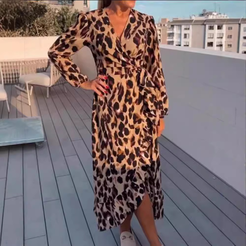 V-Neck Leopard Print Long Sleeve Casual Dress