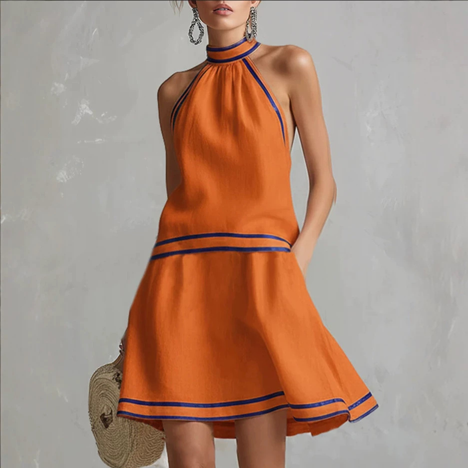 Women's Halter Neck Sleeveless A-Line Dress with Striped Trim