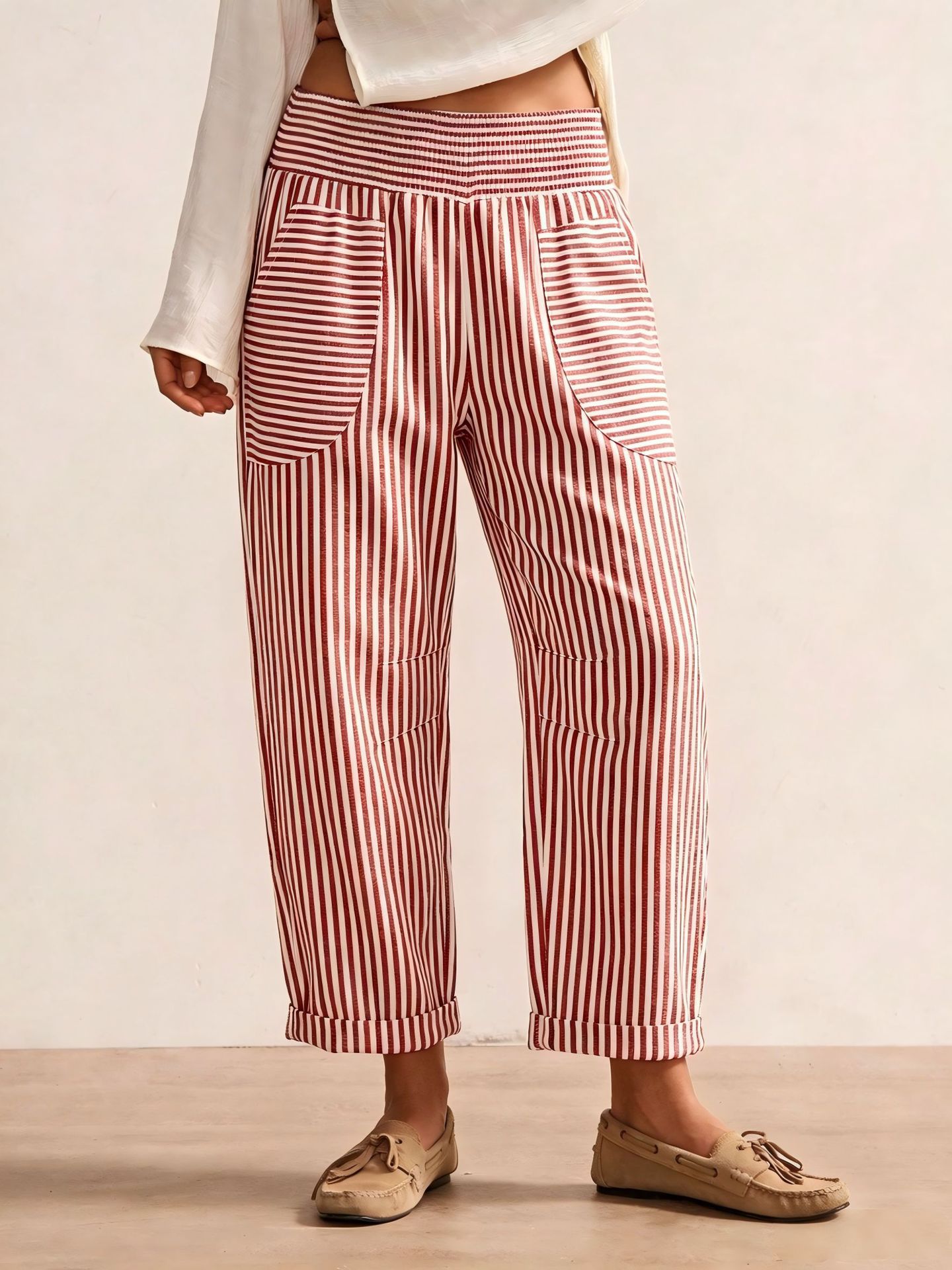 Women's Retro Striped Casual Pants with Pockets, Loose Straight-Leg