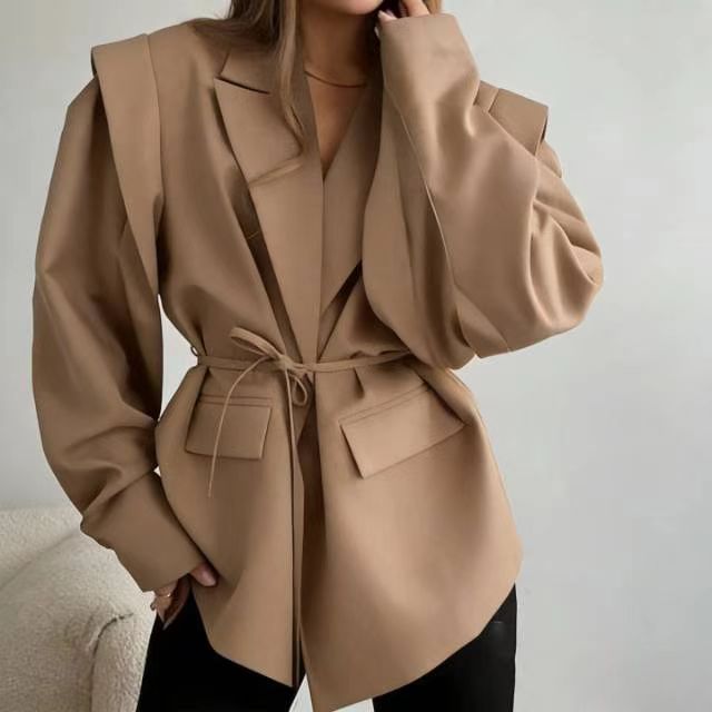 Women's V-Neck Tie-Waist Slimming Loose Fit Coat