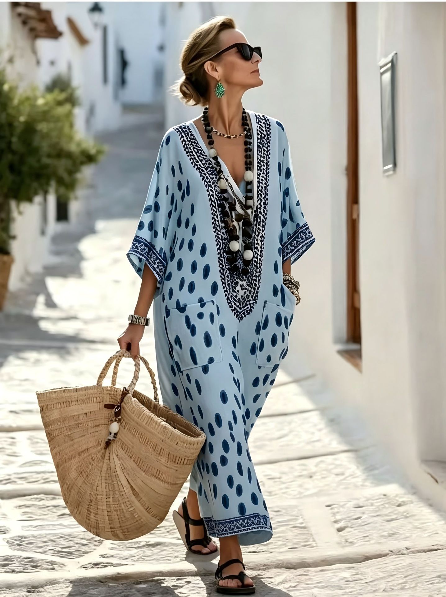 Women's Floral Polka Dot Print Midi Dress Deep V-Neck Five-Sleeve Slim Fit Casual