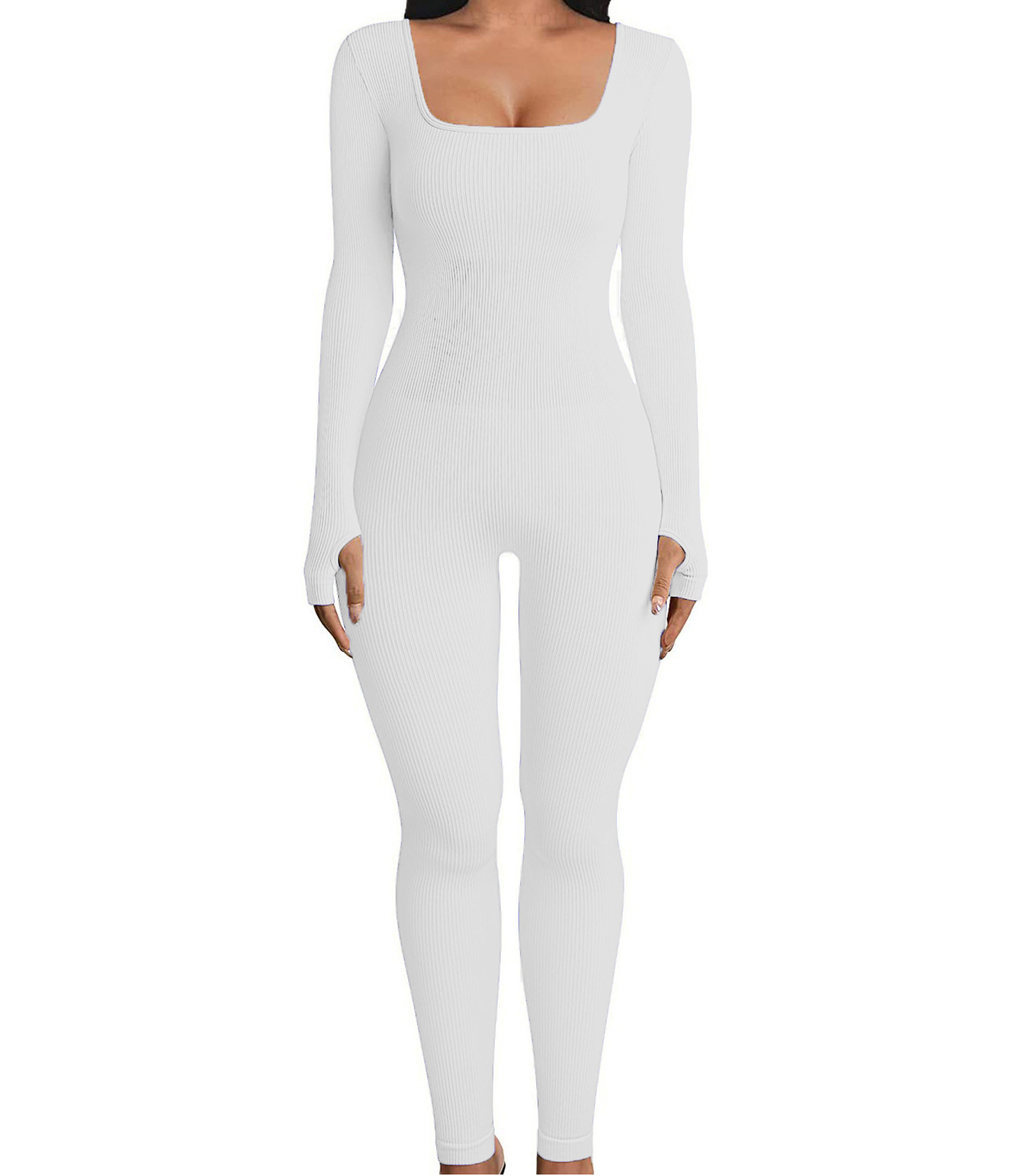 Ribbed Square Neck Butt-Lifting Slim Fit Yoga Jumpsuit for Women