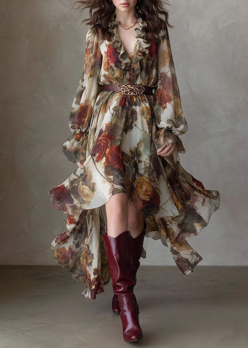 Vintage Rose Print Ruffle V-Neck Long Sleeve Cinched Waist Asymmetric Chiffon Dress
