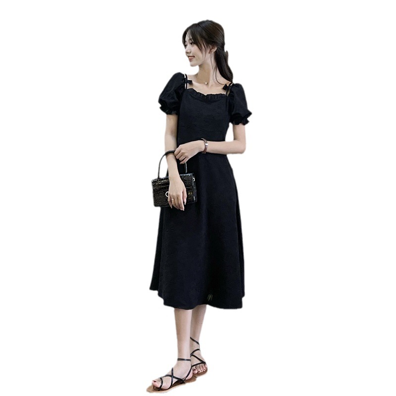 Square Neck Puff Sleeve Midi Dress Women's Black A-Line
