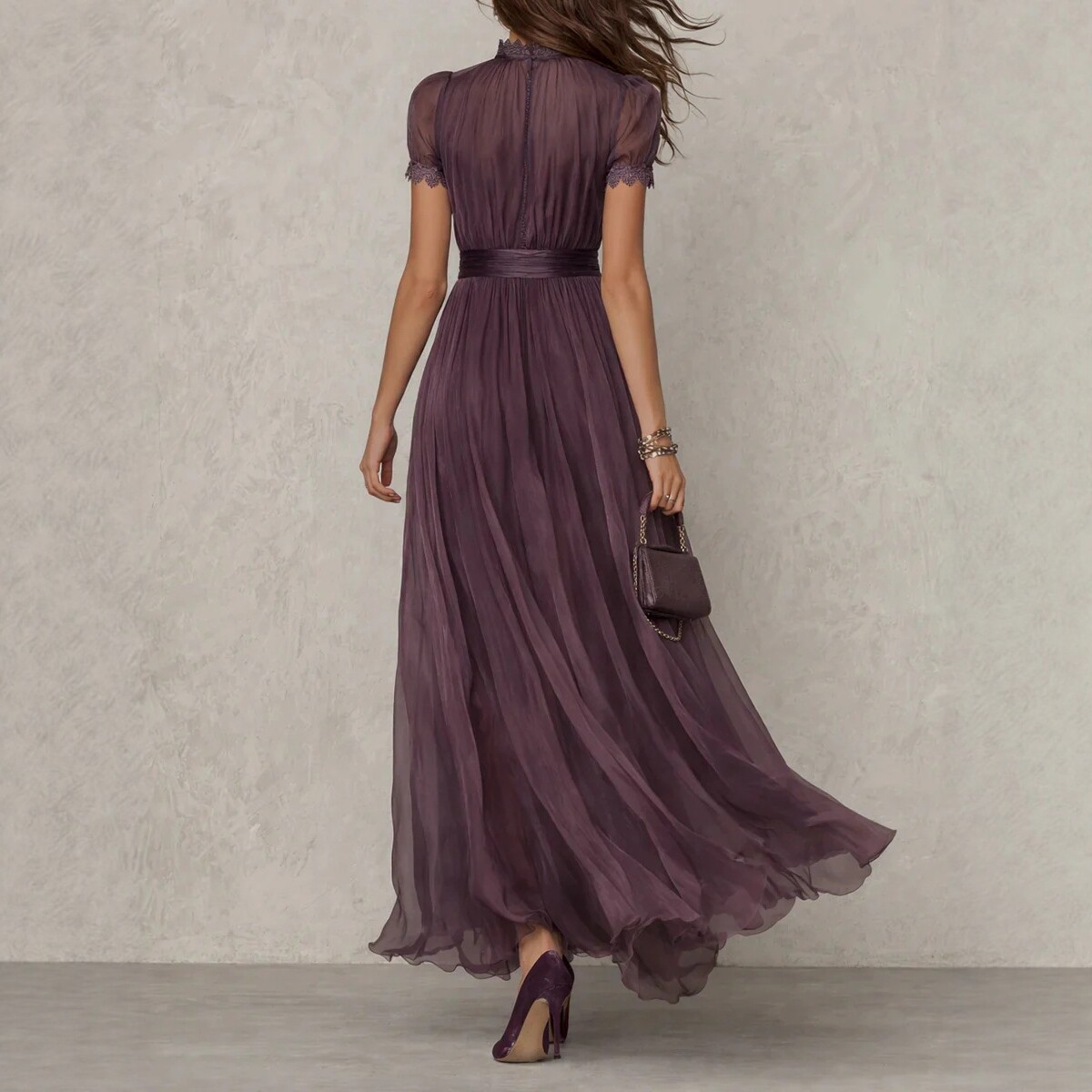 Purple High-Neck Lace Panel Flowy Chiffon Long Dress