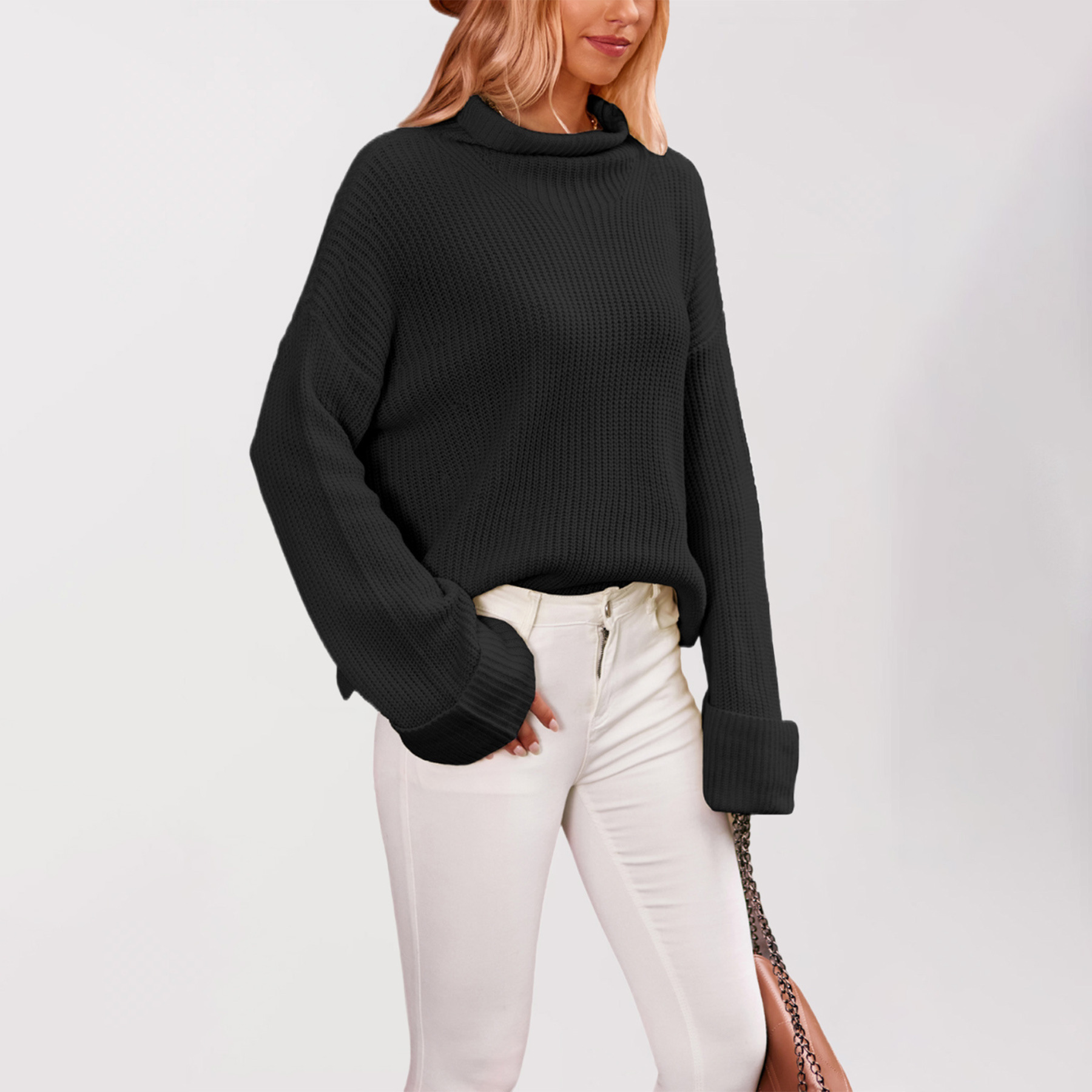 Women's Turtleneck Knit Sweater with Split Hem and Bell Sleeves